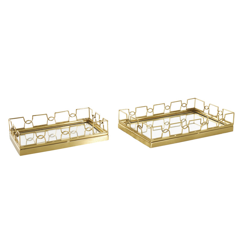 Stainless Steel Metal Geometric Decor Gold Tray with Wire Rod Frame and Mirrored Glass Interior Set