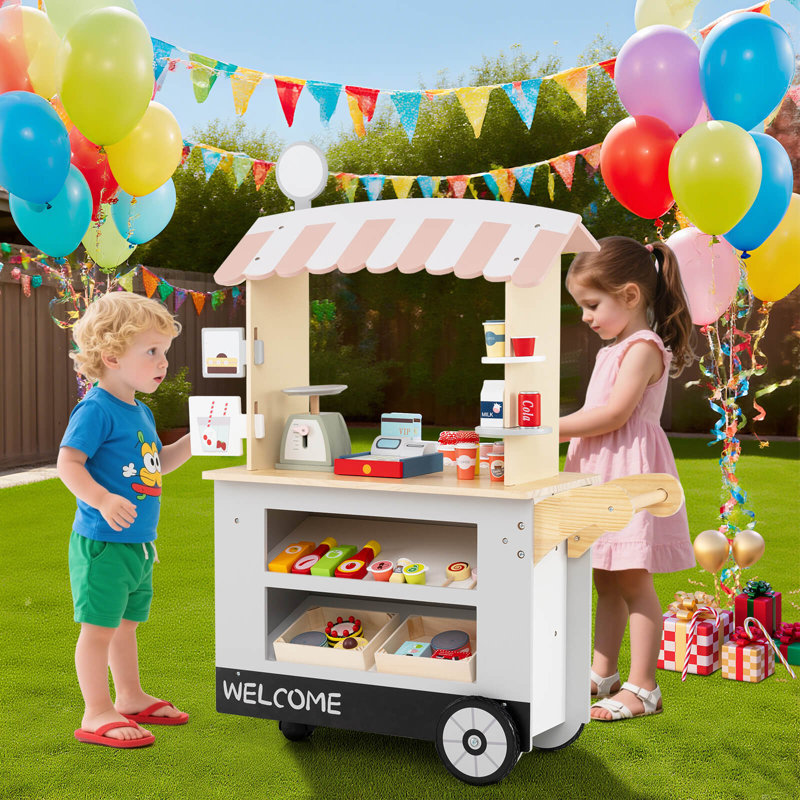 Kids Snacks & Sweets Food Cart Kids Toy Cart Play Set with 30 PCS Accessories Gray, Gray