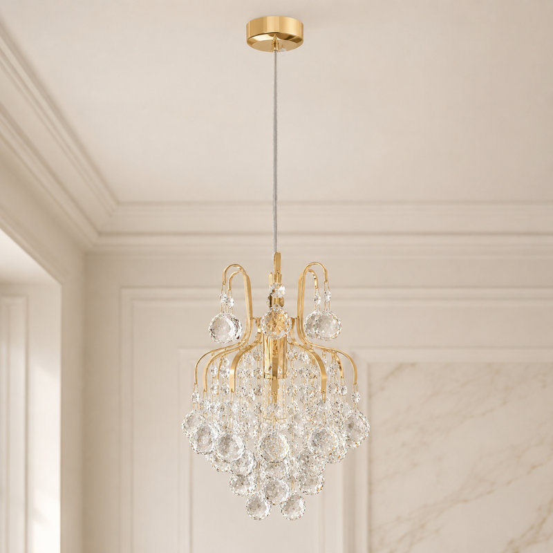 Lustre de chevet de luxe en cristal doré de 9 pouces avec ampoule et fil de suspension réglable, adapté pour un coin chambre / coin lecture, mini-lustre élégant