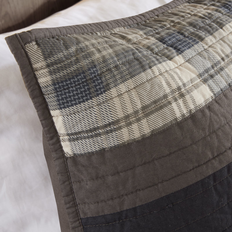 Full Brown Cotton Reversible Quilt Set with Plaid Stripes