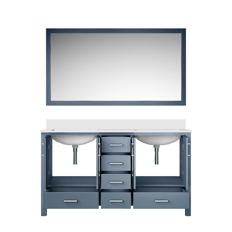 Gris foncé 60 po W Double meuble-lavabo avec comptoir en marbre de culture, miroir 58 et armoires intérieures spacieuses, gris, pour salle de bain, finition, miroir, compartiments de rangement