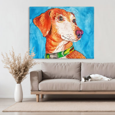 Bold Orange Dog on Blue Canvas, design by Tatiana Roberts