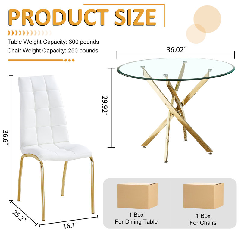 5 - Piece Pedestal Dining Set, Gold, White/Gold