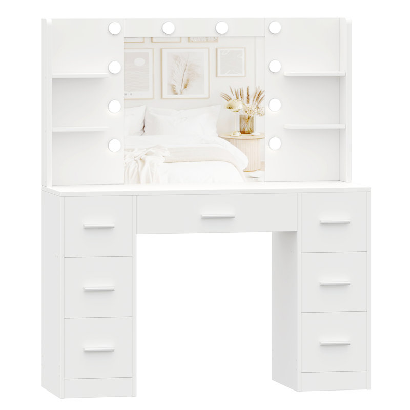 Raafay Vanity Table with Lights, Makeup Table with 7 Drawers and Side Shelf, White