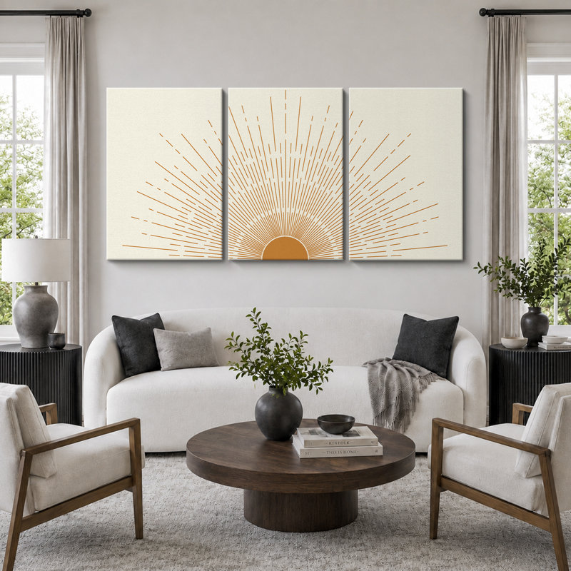 «Bright Mid-Century Modern Orange Minimal Sun ShineArt Boho Decor», ensemble de 3 reproductions sur toiles encadrées