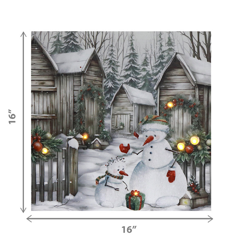 Art mural sur toile à DEL avec minuterie (bonhomme de neige avec maisons)
