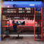 Lit mezzanine simple en bois avec bureau, support de rangement latéral, tablettes multiples et lumière RVB, rouge-1308265082-1308265083
