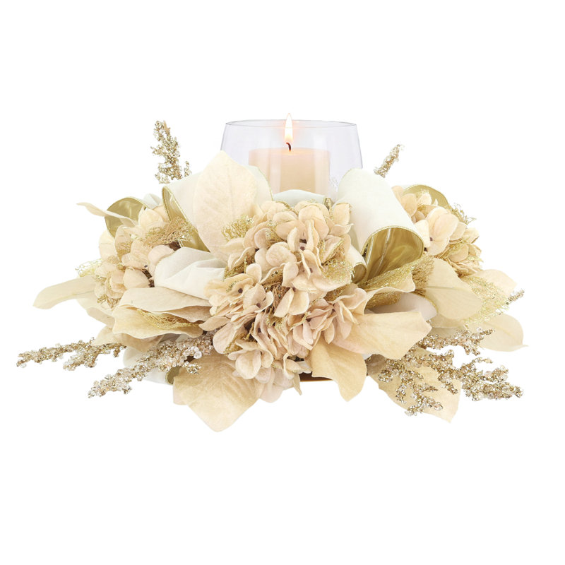 Holiday Candleholder with Hydrangeas and Leaves