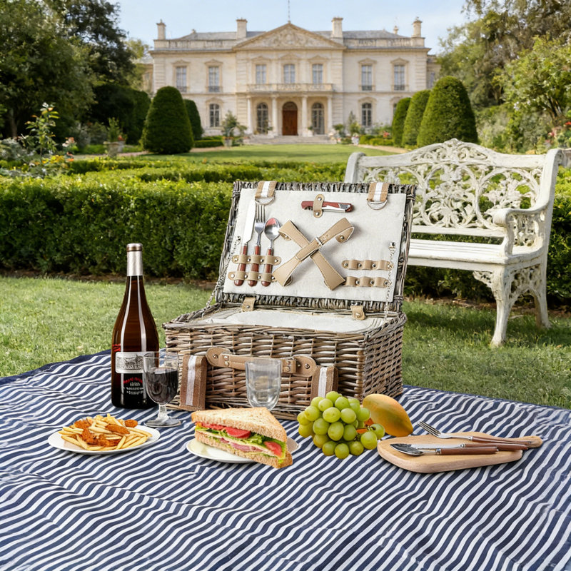 Grey Insulated Wicker Picnic Basket For 2, Portable Cooler Hamper With Lid & Built-In Storage, Ideal For Outdoor Gatherings, Camping, And Day Trips