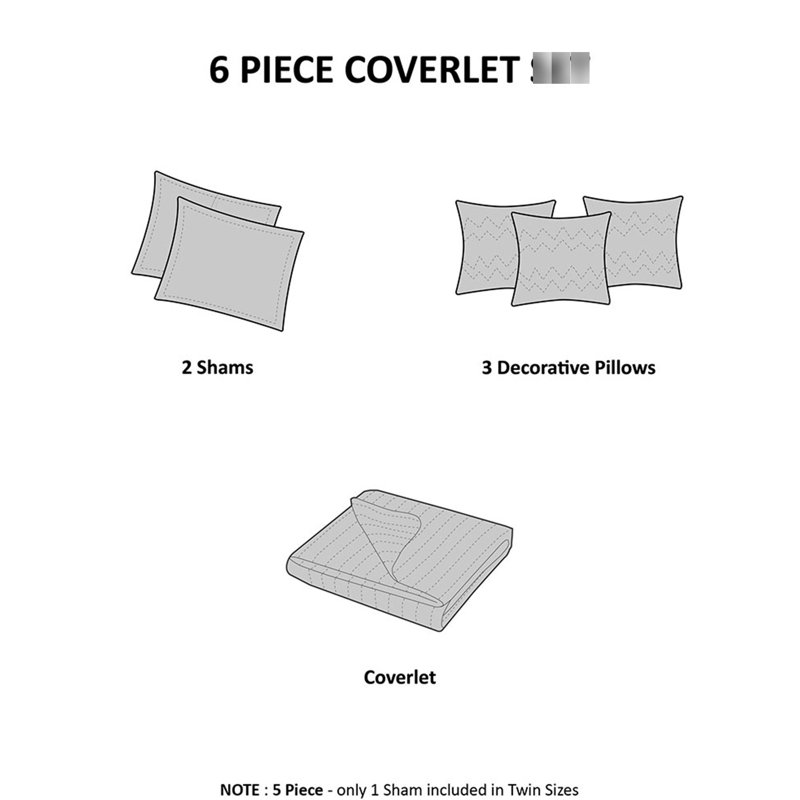 Courtepointe 6 pièces avec coussins décoratifs très grand / très grand - motif de feuille, réversible, mélange de coton, imprimé taupe réversible, froissé
