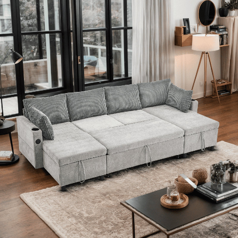 U-shaped Chenille Sofa Pull-out Sofa Bed with Large Storage Space, Grey