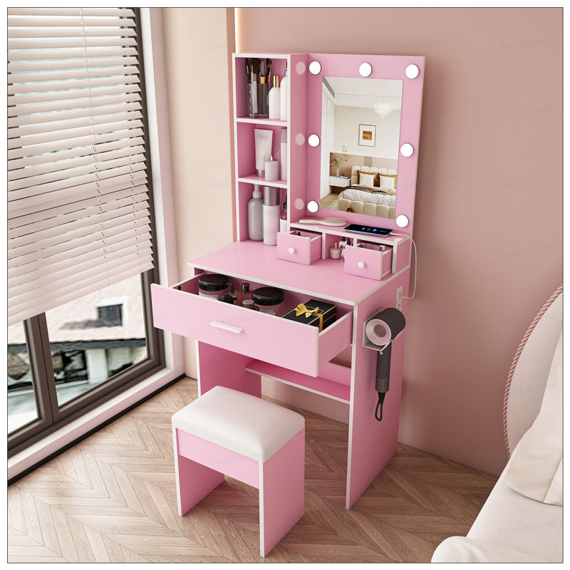 Table de coiffeuse avec miroir et lumières DEL réglables, prise de courant, support pour séchoir à cheveux et tabouret - coiffeuse compacte pour petites chambres