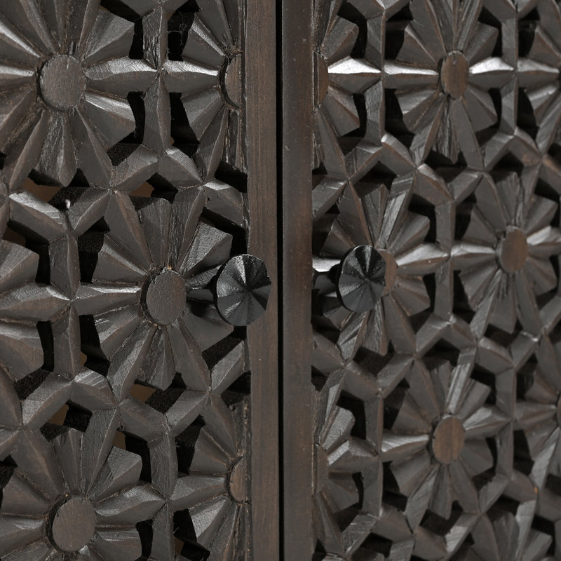 Regina Mango Wooden 2 Shelved Double-Doored Cabinet Sideboard - Decorative Floral Lattice Design