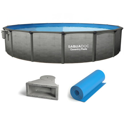 AquaDoc Coventry Round Steel Wall Above Ground Pool Kit 24' x 52" in Pewter Gray Finish with Wide Mouth Skimmer and Solid Blue Overlap Liner Classic Package - Made in North America