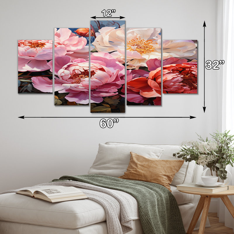 Rêves de pivoines roses - impression murale d'art floral - 5 panneaux