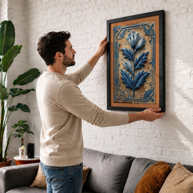Blue Relief Botanical - Framed Print, A3 - 42.0 x 29.7 cm, White