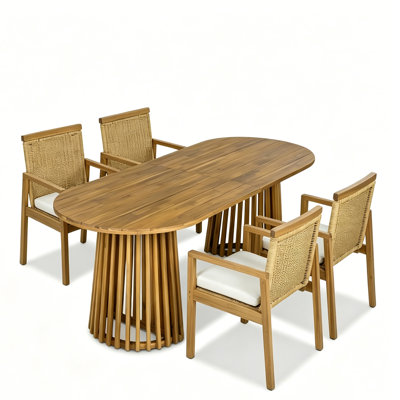 Ensemble repas pour 4 personnes en bois d'acacia avec dossier et coussins en osier Dorset