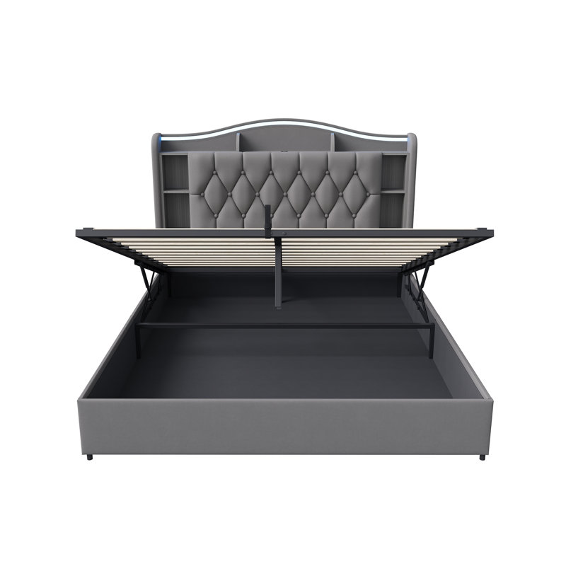 Solid Wood Ottoman Storage Bed, European Double (140 x 200 cm), Grey