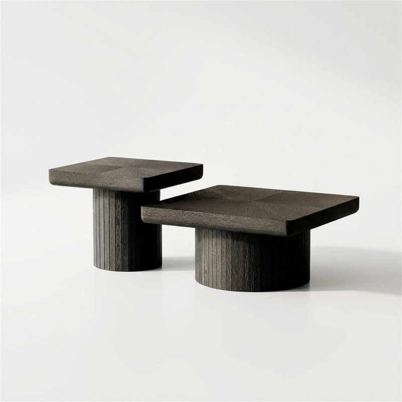 Ensemble de 2 tables basses gigognes en bois avec bases cylindriques et rainurées, pour le salon, Noir