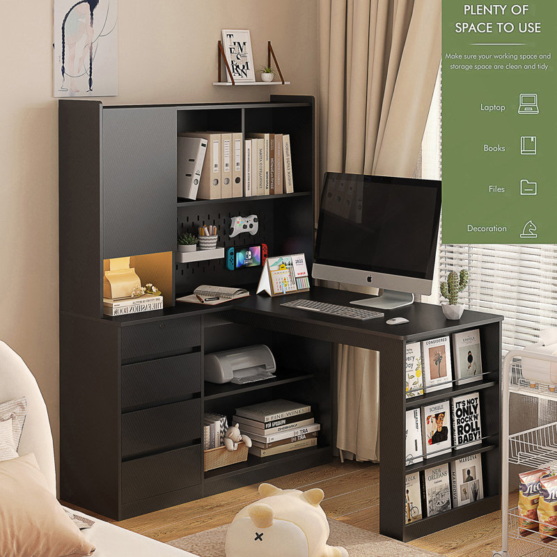 L Shaped Desk,Computer Desk With Drawers,Bookshelf & Hutch,With LED Light,Modern Corner Desk,Home Office Desk,L-Shaped Study Table Writing Desk,Corner Gaming Computer Desk With Storage