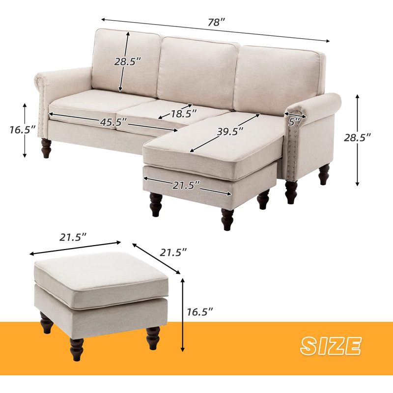 Canapé et méridienne réversible en coton avec repose-pieds de 78 po de largeur Charlton Home®, Coton beige