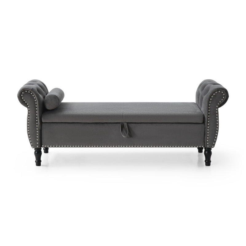Aijia 63" Velvet Multifunctional Storage Rectangular Sofa Stool Buttons Tufted Nailhead Trimmed Solid Wood Legs With 1 Pillow,Grey