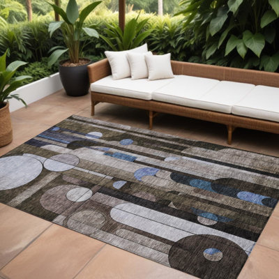 Tapis intérieur / extérieur géométrique lavable 8 pi x 10 pi brun et bleu