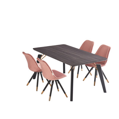 Gualtier 4 Person Dining set - a Rectangular Wooden Dining Table with Metal Legs and a Set of 4 Quilted Velvet Dining Chairs for Dining Room - Modern Dining Table Set