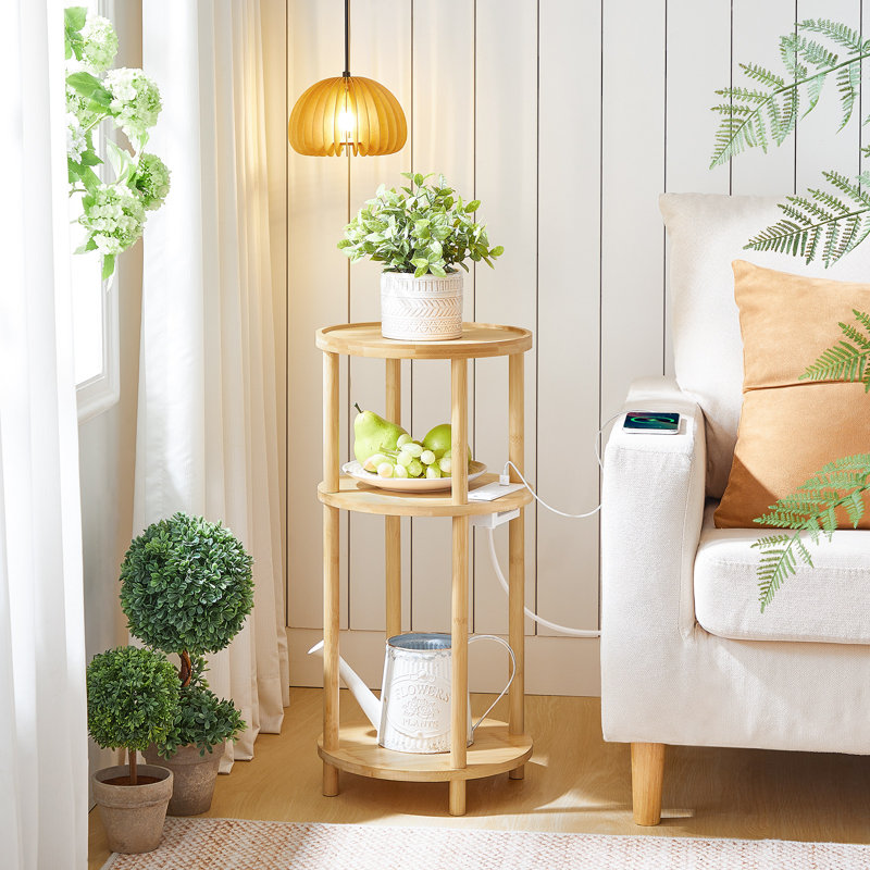 Petite table d'appoint ronde avec station de charge, table de bout ronde en bambou à 3 niveaux, Naturel
