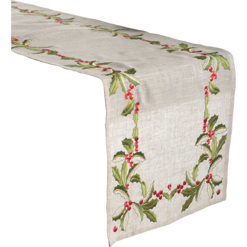 Railsback Emroidered Holly Table Runner, 68" x 16"