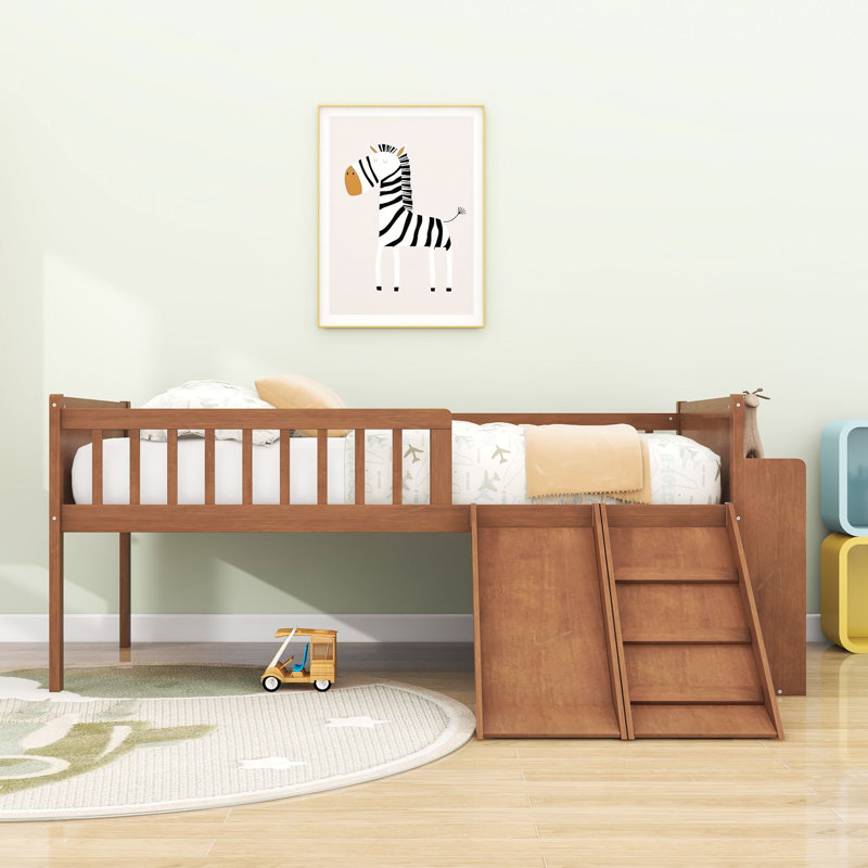 Lit mezzanine simple en bois avec glissade et tablette de rangement, Noyer clair