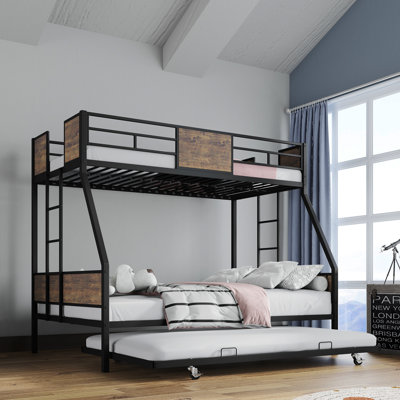 Twin Over Full Bunk Beds With Trundle, Metal Bunk Bed Frame With Safety Guardrail And 2 Ladder For Kids,Sturdy Metal Frame And Protective Board Supports, No Box Spring Needed, Easy Assembly