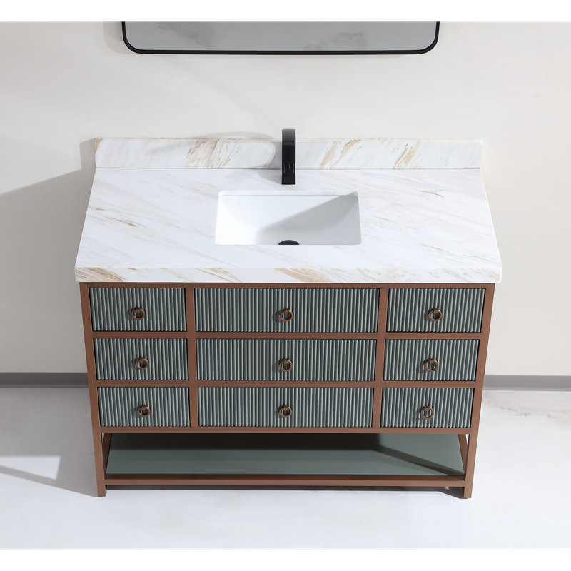 Meuble-lavabo 48 po avec cadre en acier inoxydable brossé doré et finition vert étain avec plateau en pierre naturelle de 2 po d'épaisseur