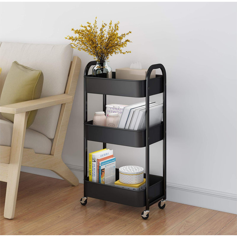 Black 3-Tier Metal Rolling Utility Cart with Casters