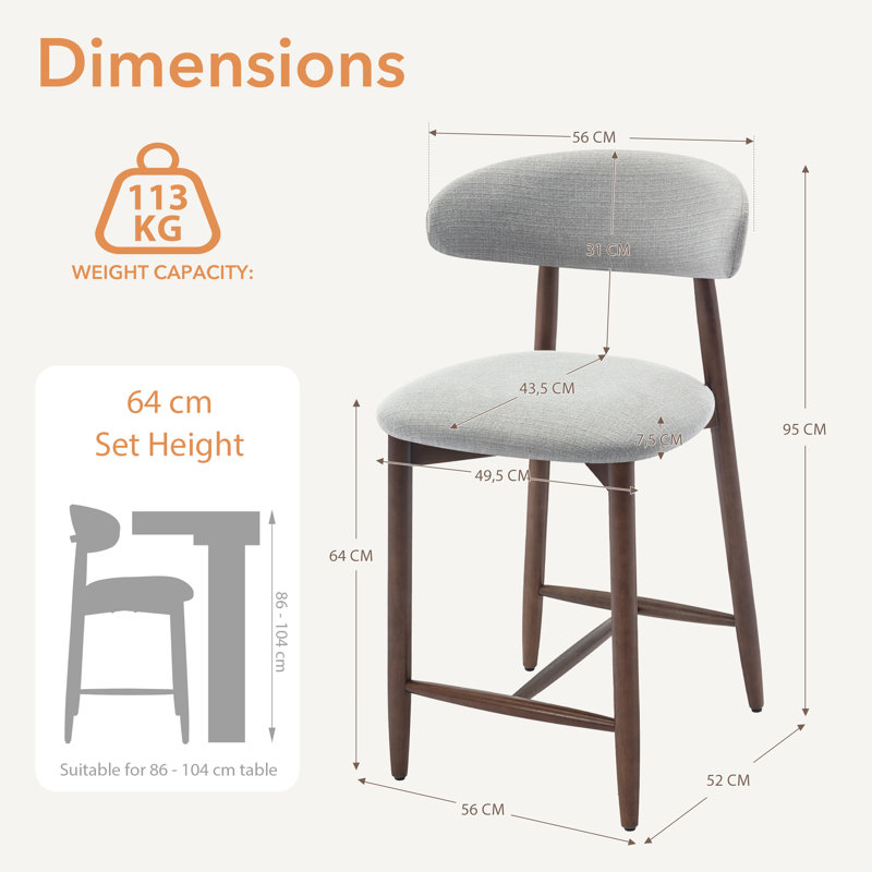 Upholstered Counter Stool with Solid Wood Frame, Light Grey