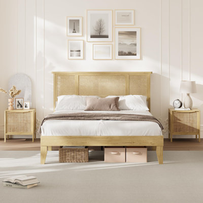 Bed Frame With Natural Rattan Headboard, Strong Wooden Slats