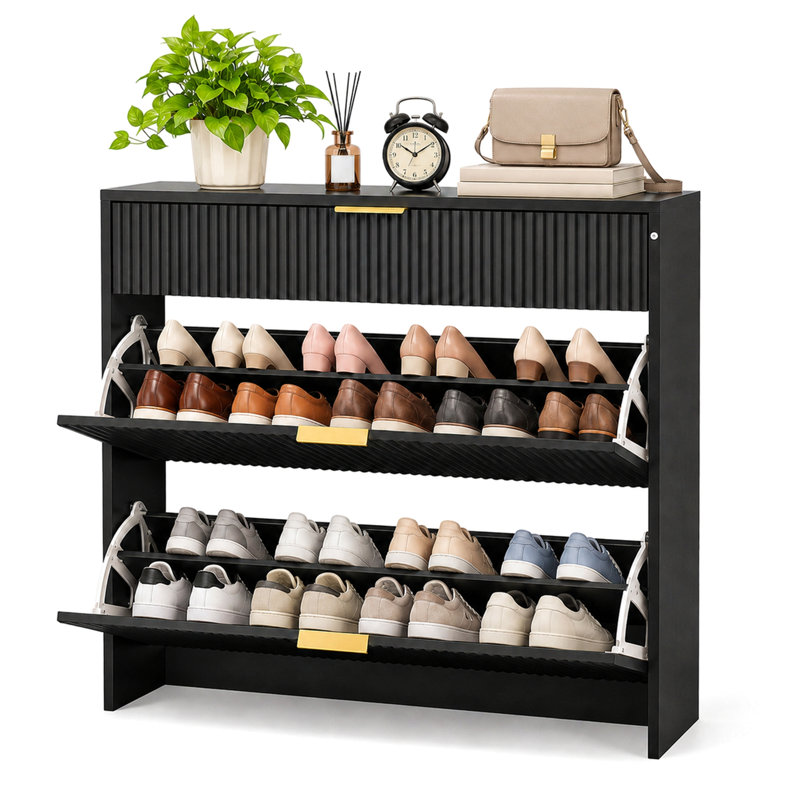 Armoire à chaussures étroite cannelée pour le vestibule, étagère à chaussures autoportante avec poignées dorées, armoire à chaussures mince moderne pour placard de chambre à coucher