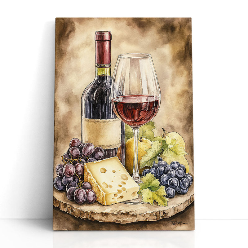 «Wine Cheese And Grapes», reproduction d'art sur toile, H 30 po x l 20 po