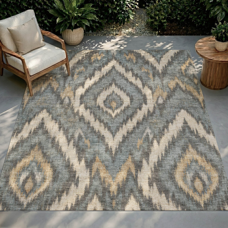 Tapis Ceajay ACN3071 Ikat lavable à la machine pour intérieur/extérieur, Graphite, 9' x 12'