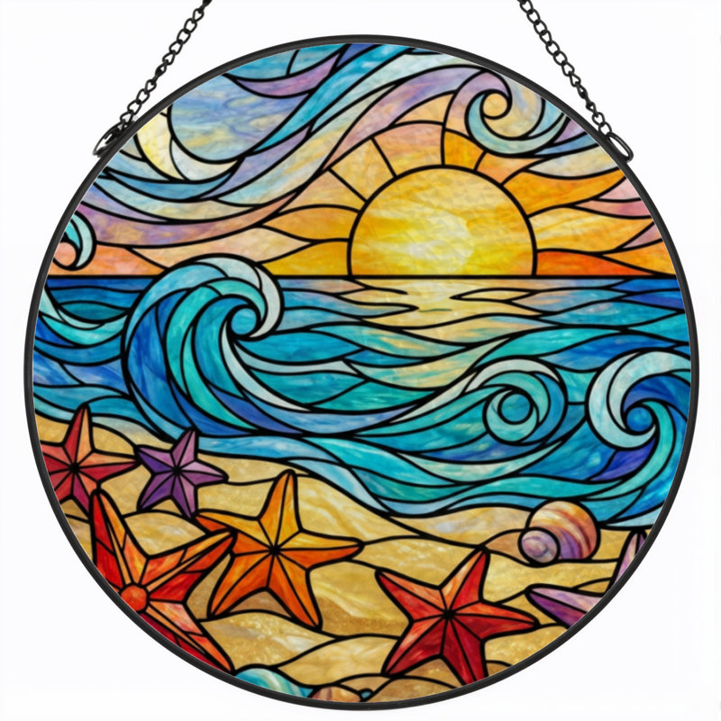 12"H Ocean Sunset Stained Glass Window Panel, 7.8" H x 7.8" W