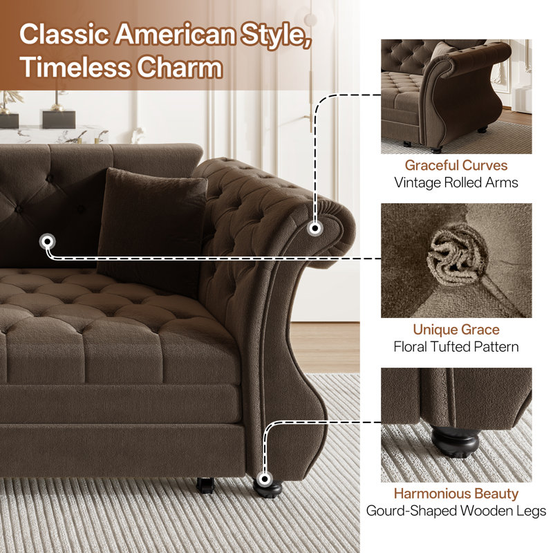 Canapé-lit convertible capitonné en velours avec accoudoirs roulés Chesterfield, 83,8 po de largeur, Brun