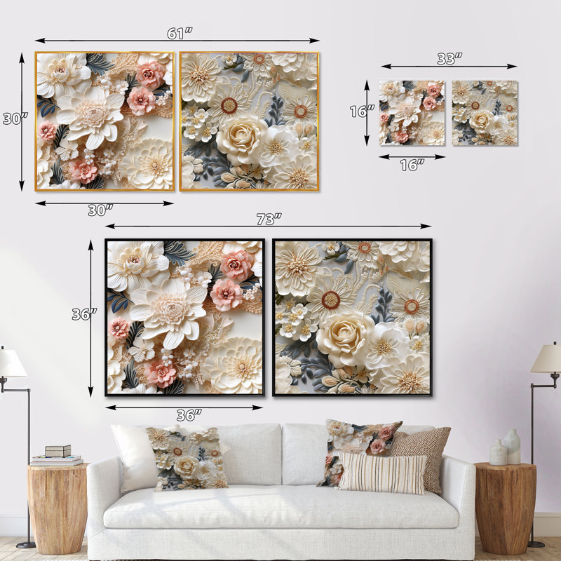 Ensemble de 2 collages floraux blancs rétro, Cadre flottant noir, H 16 po x l 33 po