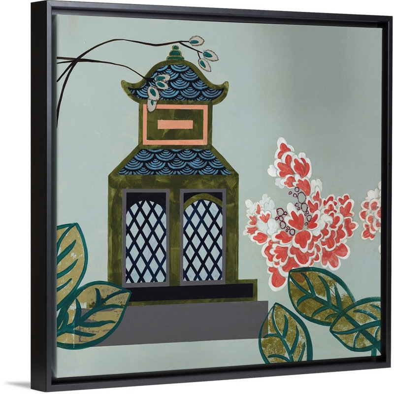 « pagode iii », peinture sur toile, H 13,7 po x l 13,7 po x p 1,75 po, Cadre flottant noir