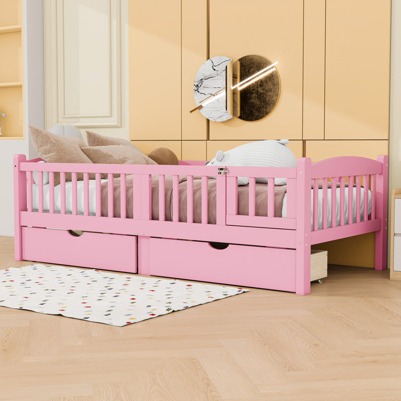 Lit plateforme avec garde-corps et tiroirs de rangement, Simple TG, Rose