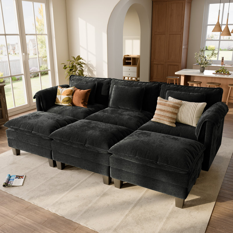 Canapé modulaire Comfy Cloud 6 pièces de 116 po avec siège profond Amabilia et canapé 3 places avec repose-pieds amovible - tissu chenille-noir