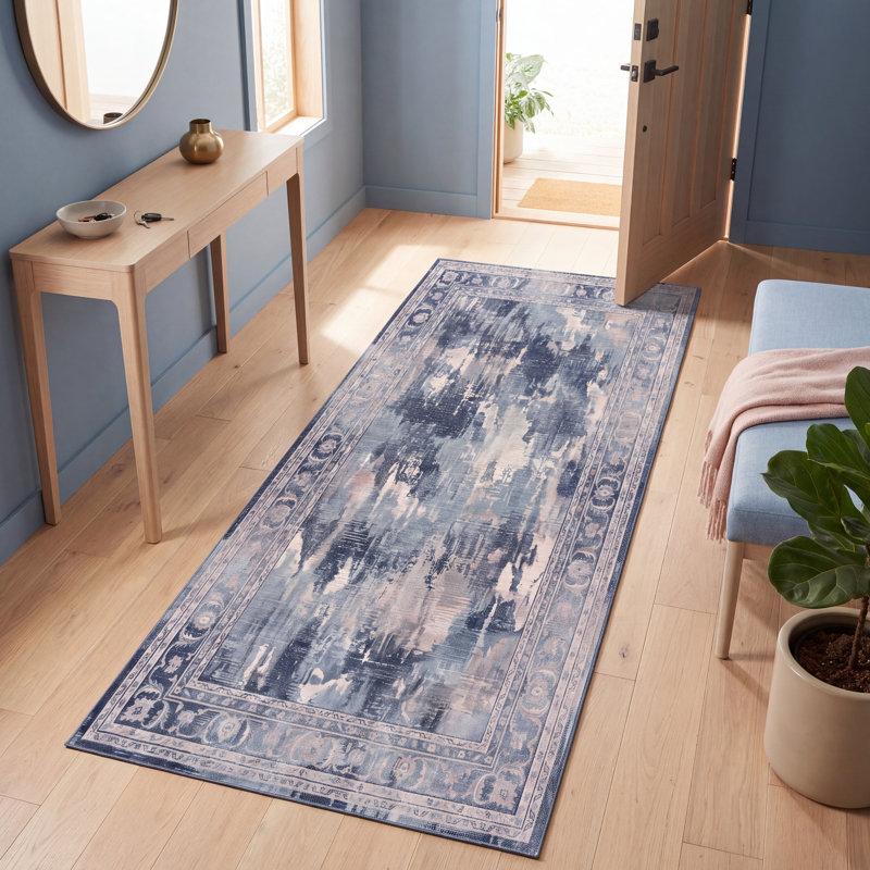 Tapis Mulberry moderne uni bleu marine en polyester lavable, 3 pi 3 po x 4 pi 7 po
