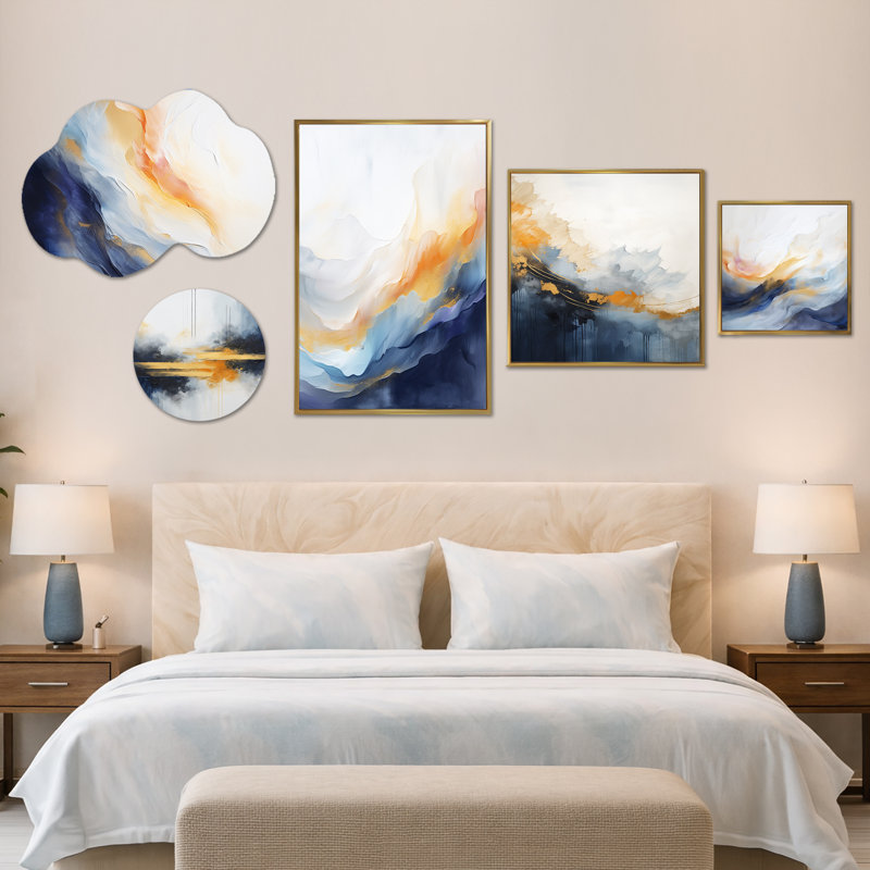 Tempête de marbre bleu et jaune I - très grande décoration murale abstraite, impression sur toile et métal 5 pièces (100 po x 40 po)
