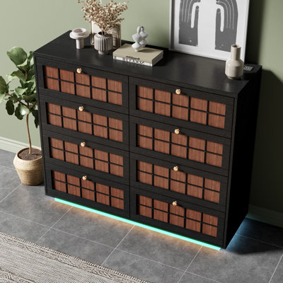 5 Drawer Black Tall Chest of Drawers with LED & Charging Station, Mid Century Modern Dresser with Gold Knobs for Bedroom