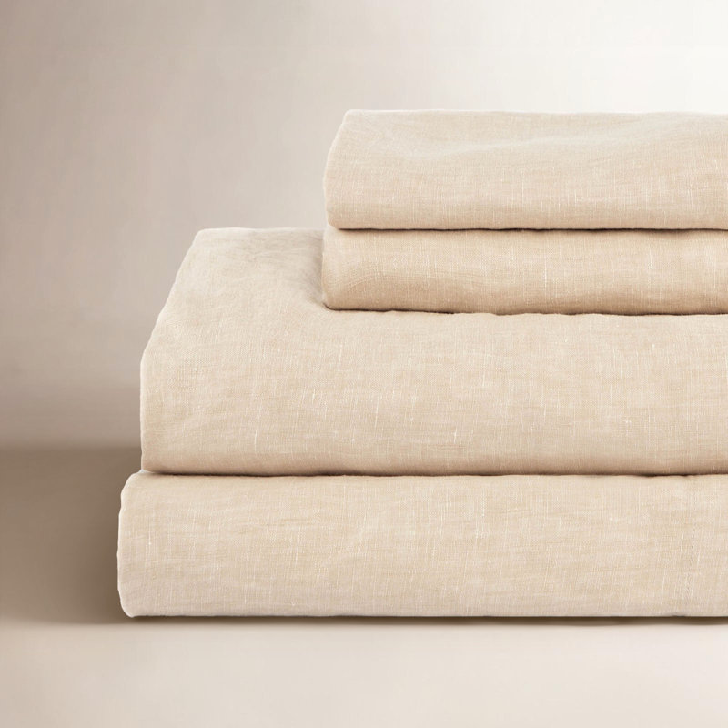 100% French Linen Sheet Set, California King Sheet Set with 2 Pillowcases, Putty Heather