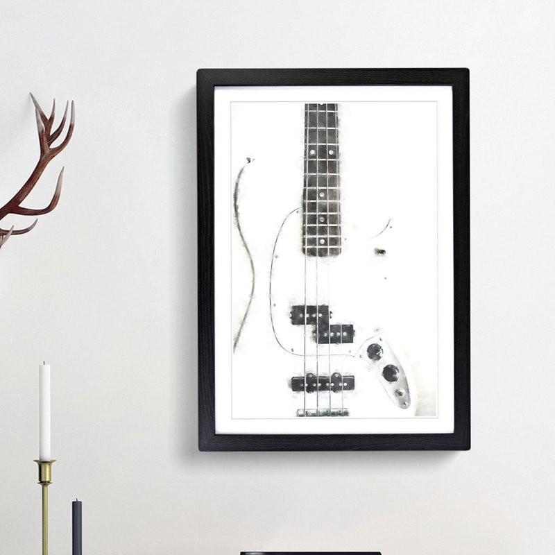White Bass Guitar - Picture Frame Painting Print, 63cm H x 45cm W x 2cm D, Black Framed
